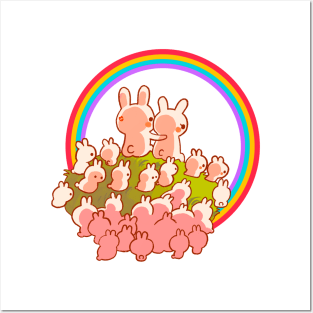 Bunnies watching a rainbow sunset Posters and Art